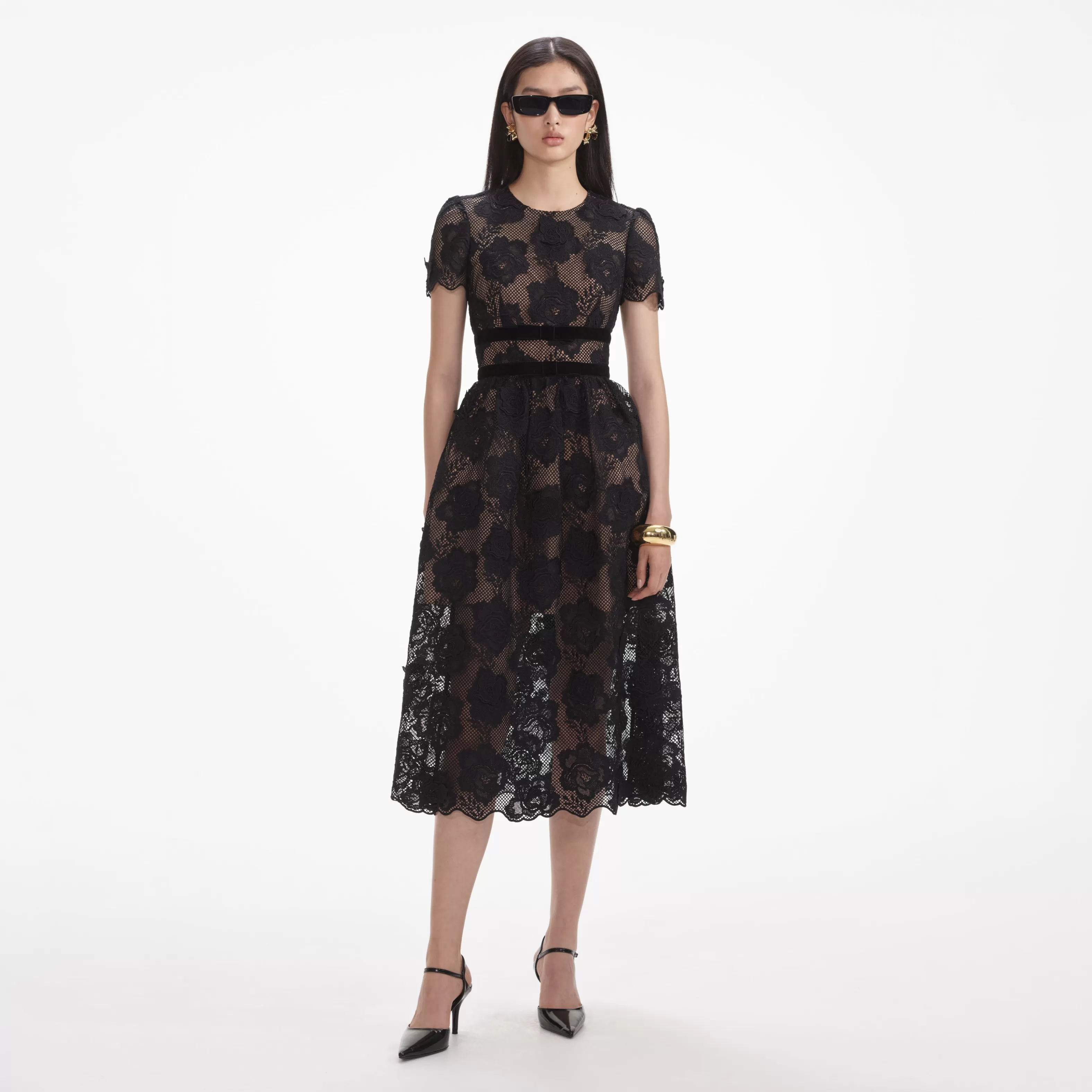 Flash Sale Lace Velvet Bow Midi Dress Dresses