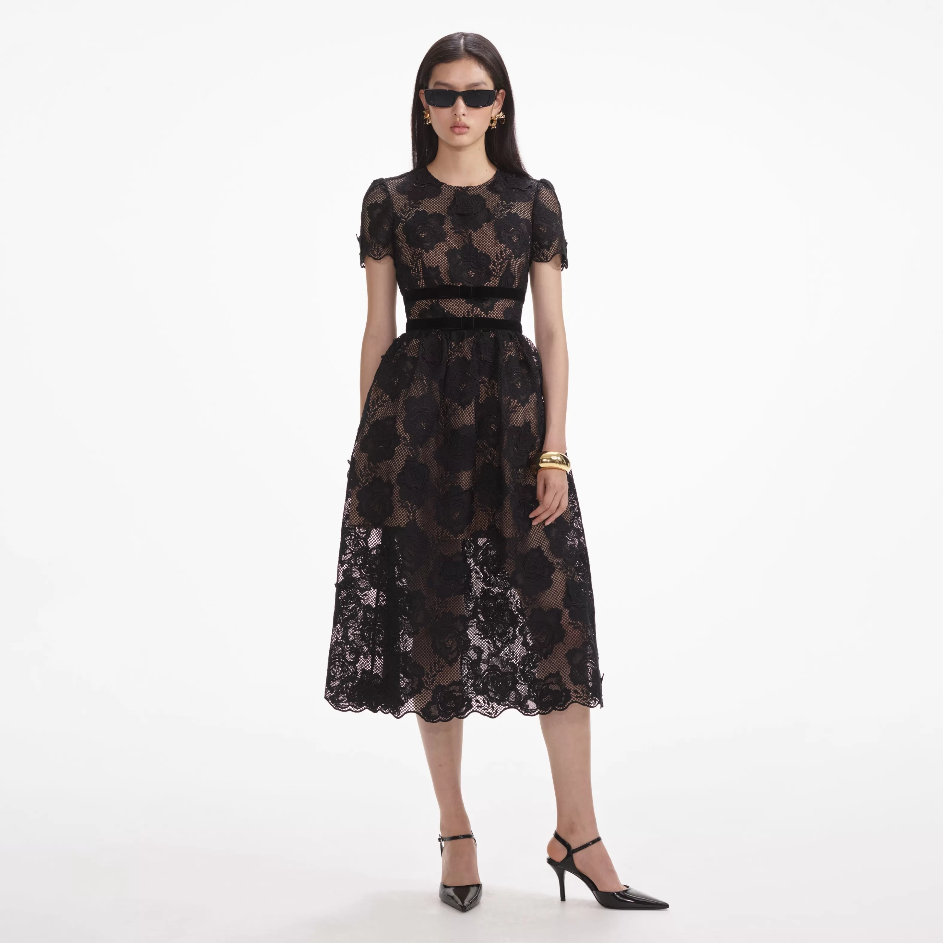 Flash Sale Lace Velvet Bow Midi Dress Dresses