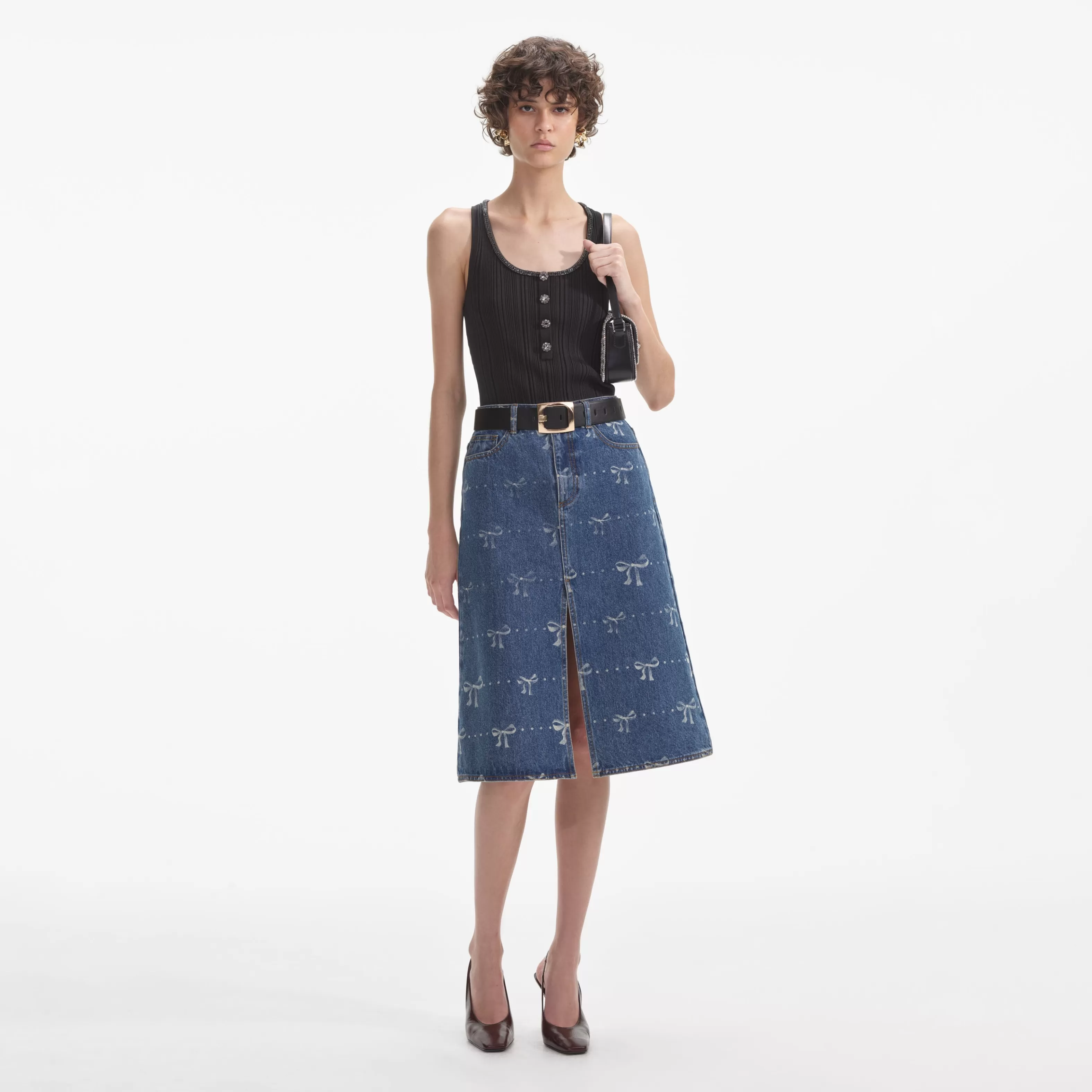 Clearance Print Denim Midi Skirt Denim | Bottoms