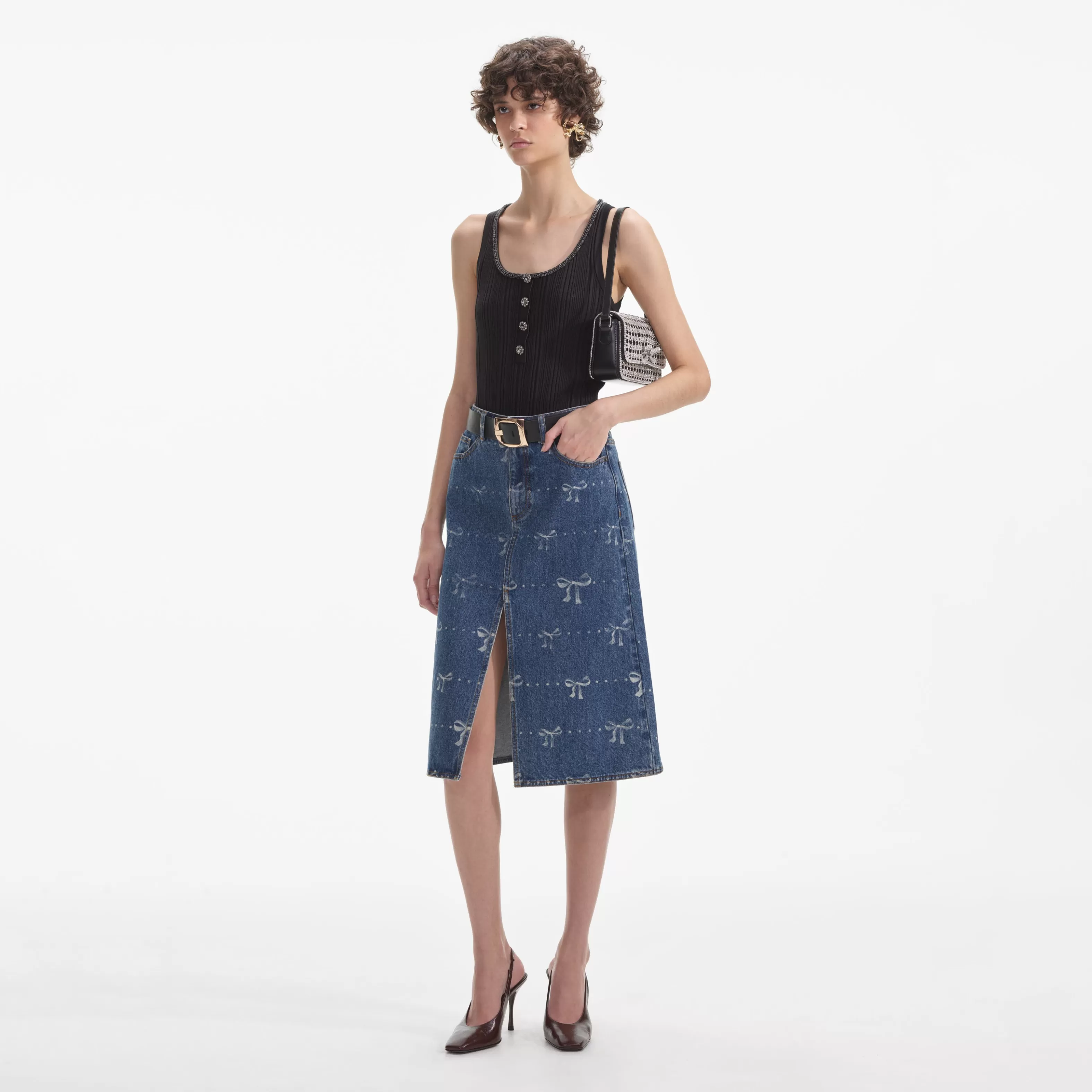 Clearance Print Denim Midi Skirt Denim | Bottoms