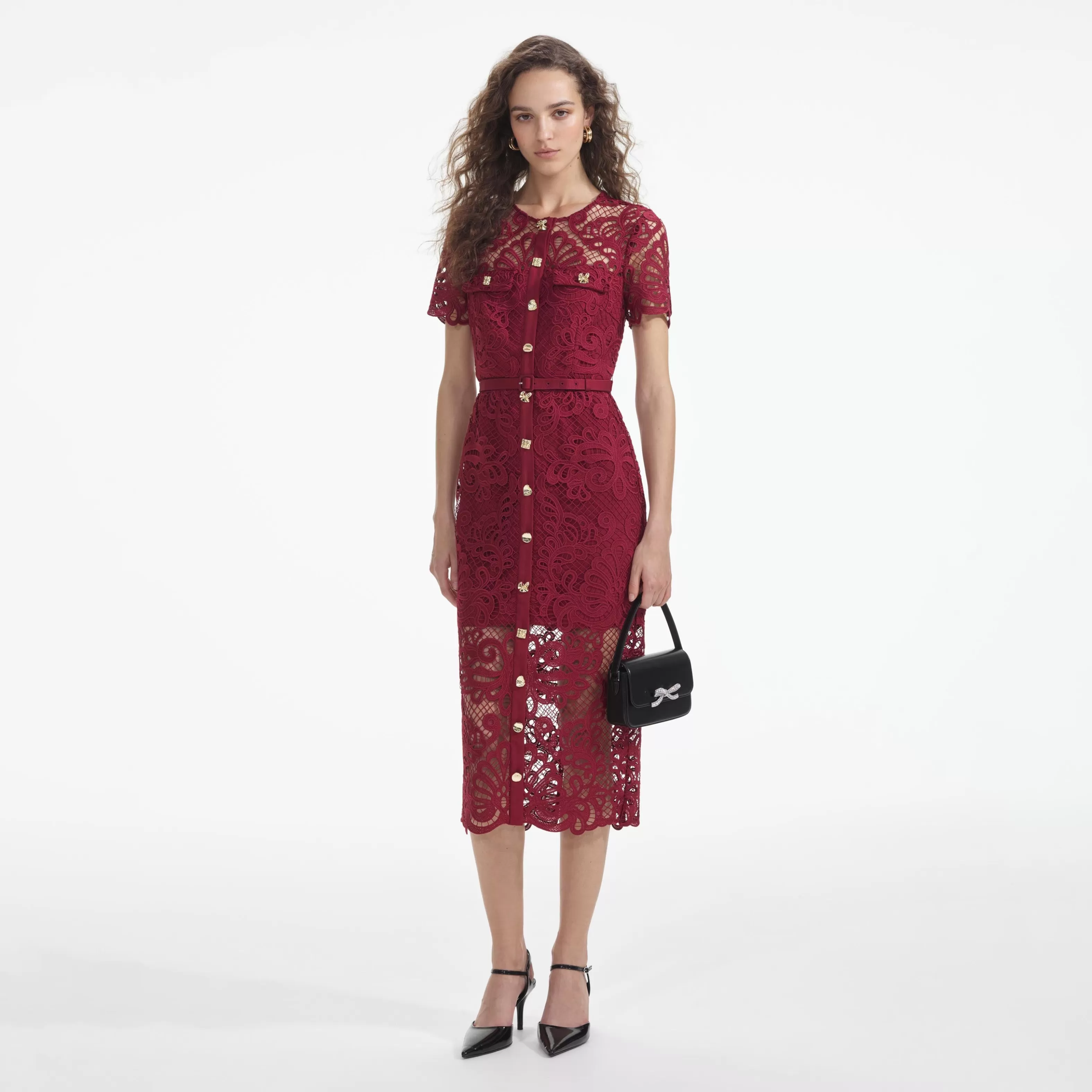 New Guipure Lace Button Midi Dress Dresses