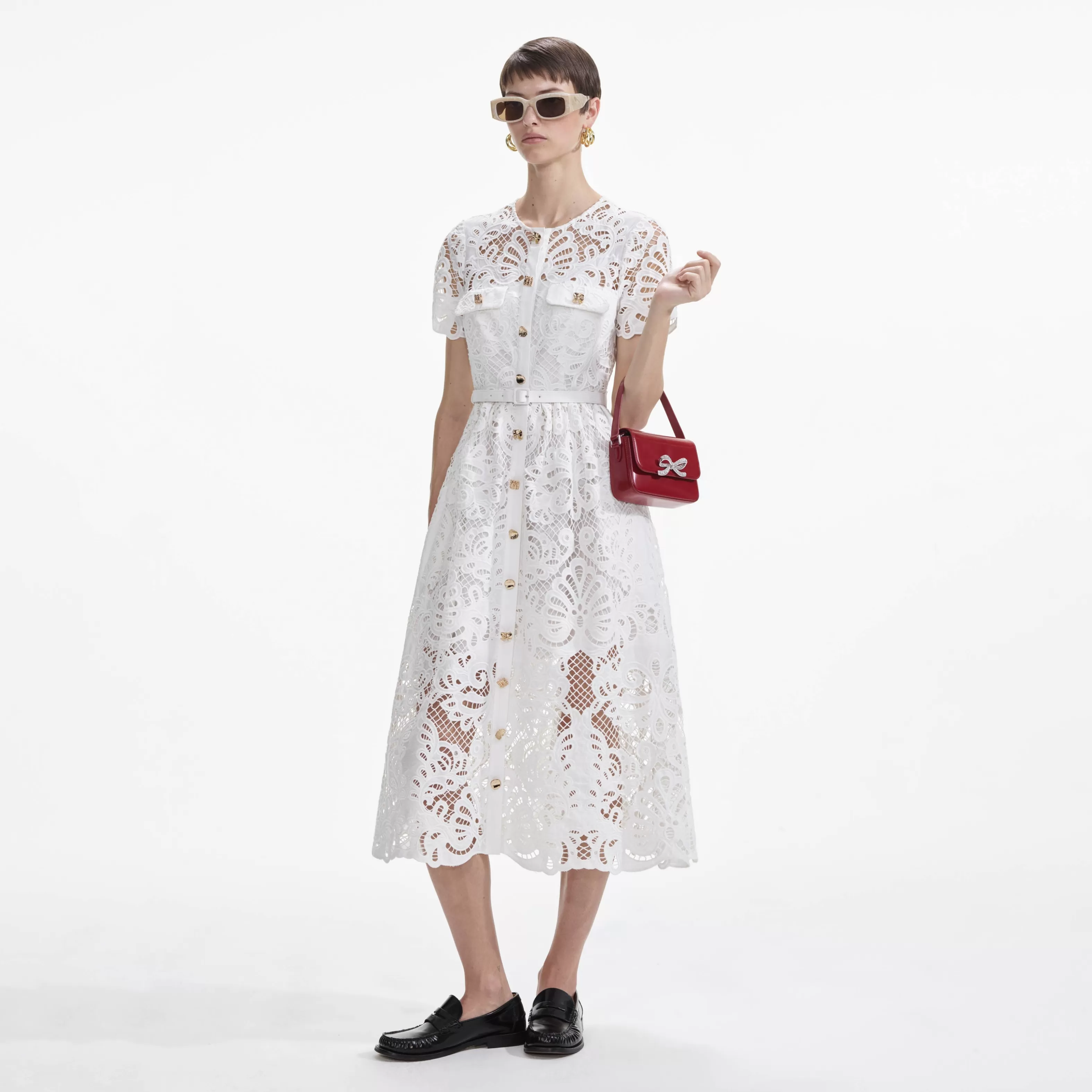 New Cotton Lace Button Midi Dress Dresses